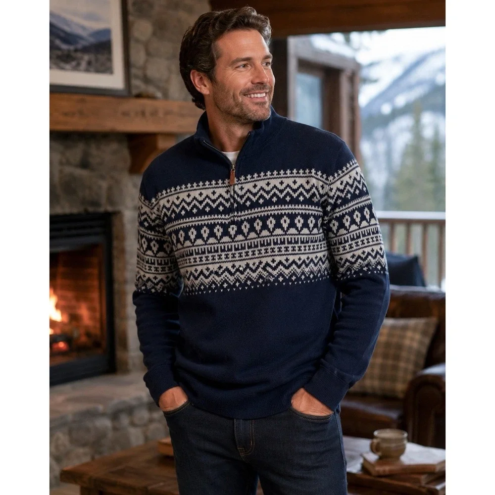 Lands End Men's L Fair Isle Nordic Quarter Zip Sweater Navy 100% Cotton 42-44